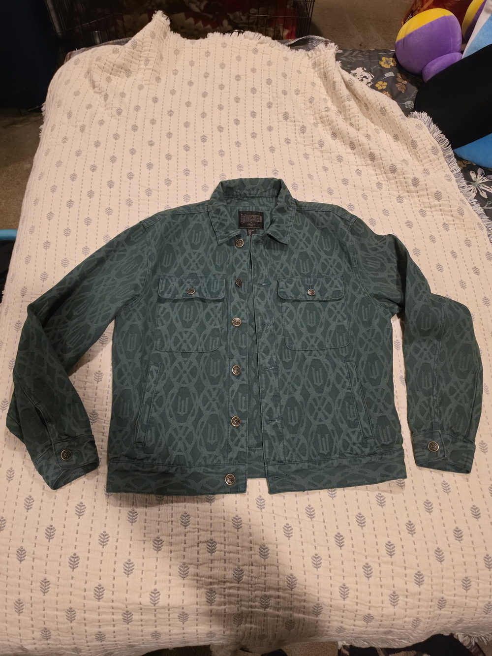 Wicked x Forever 21 Men's Snap Button Jacket Olive Green Allover Print M